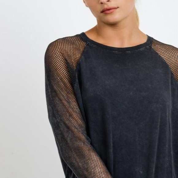 (NWT) Mineral Wash Fishnet Mesh Sleeve Top - Picture 3 of 9